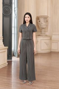 QUẦN SUÔNG CẠP LIỀN TUÝT XI KẺ SỌC GHI