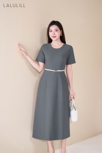 ĐẦM LIỀN DÁNG A VỪA 7 MẢNH CỔ TRÒN TUÝT XI MÀU GHI
