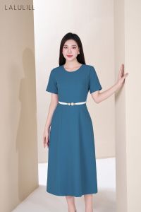 ĐẦM LIỀN DÁNG A VỪA 7 MẢNH CỔ TRÒN TUÝT XI MÀU XANH
