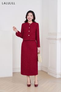 CHÂN VÁY DÁNG ĐỨNG CẠP LIỀN DÀI 85CM DẠ TWEED ÁNH KIM MÀU ĐỎ NHUNG