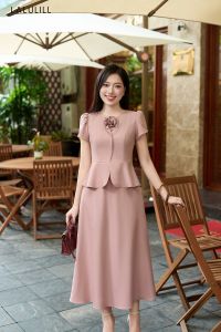 SET ÁO SƠ MI DÁNG PEPLUM CỔ CUỐN HOA TUÝT XI HỒNG ĐỖ