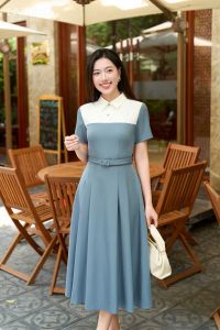 ĐẦM LIỀN DÁNG A TUÝT XI XANH PHỐI ĐÔ NGỰC TRẮNG