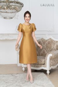 ĐẦM DÁNG A PHỐI HOA NGỰC TAFFETA VÀNG ĐỒNG