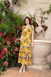 ĐẦM MAXI CỔ V NƠ VAI CHIFFON VÀNG HOA TÍM