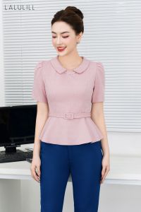 SM peplum cổ sen đính đá lụa đũi hồng