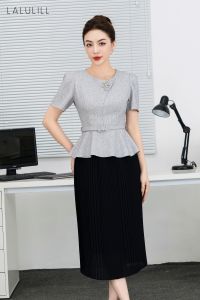 ÁO SƠ MI DÁNG PEPLUM CỔ ĐÍNH HOA ĐÁ LỤA ĐŨI GHI